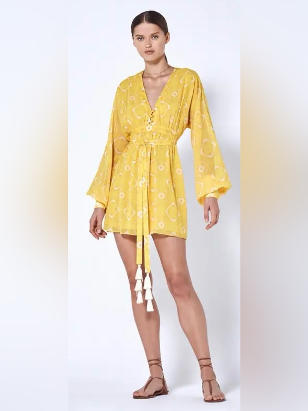 Alexis Luss Dress - Yellow Printed V-Neck Tie-Waist Mini Dress